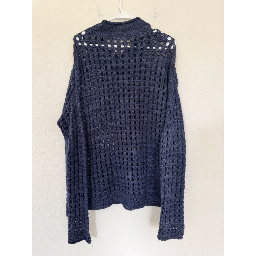 Free People Open Knit Roll Neck Sweater Fisherman Coastal Preppy Navy Sailor Top